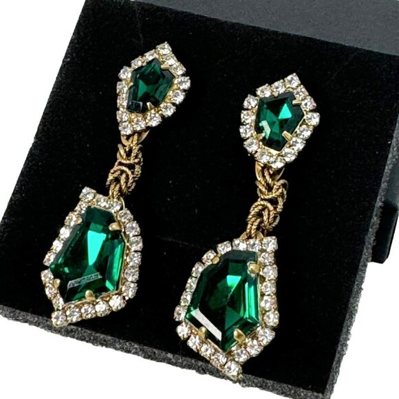 NWT Vintage Style Statement Green Swarovski Crystal Dangle Drop Earrings Women's - Picture 1 of 9
